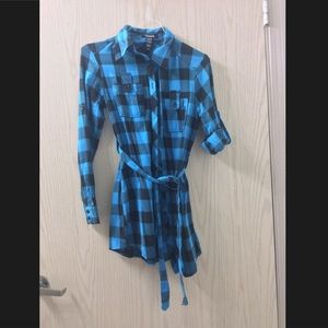 Plaid button down, tie waist tunic